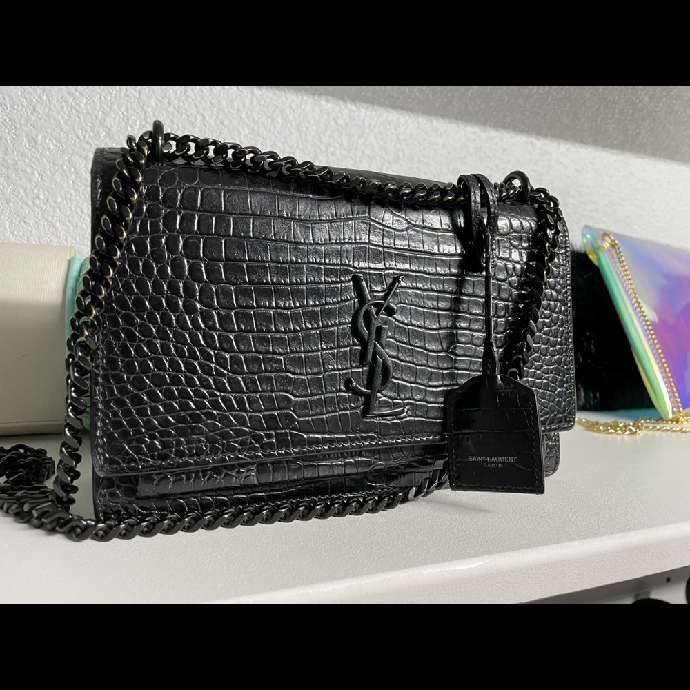 Sunset Medium Monogram YSL Croc-Embossed Shoulder Bag